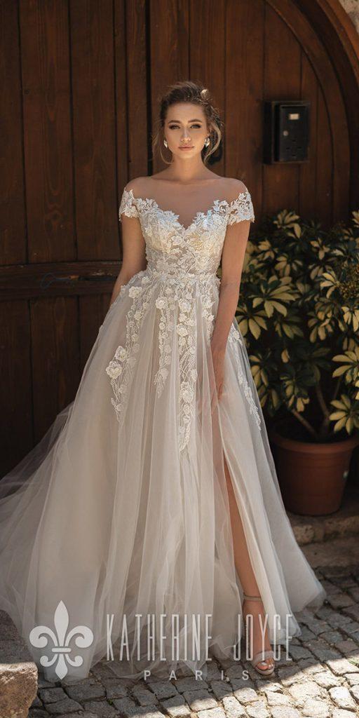 lace ball gown wedding dresses illusion neckline floral appliques katherine joyce