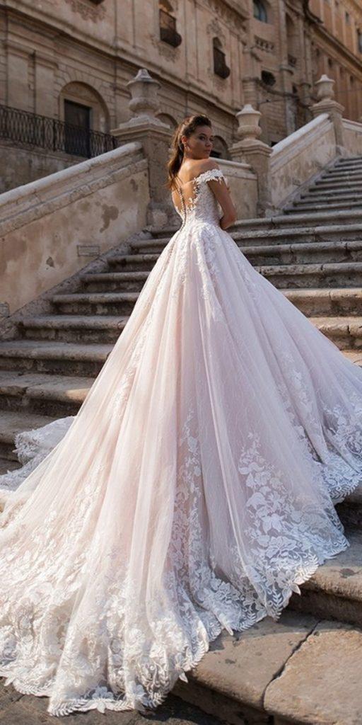 lace ball gown wedding dresses off the shoulder princess train lussanobridal
