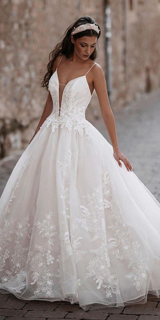 lace ball gown wedding dresses with spaghetti straps plunging neckline allurebridals