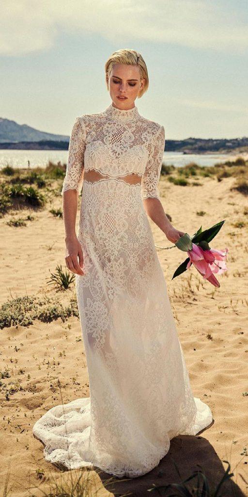 lace boho wedding dresses with sleeves high neck costarellos