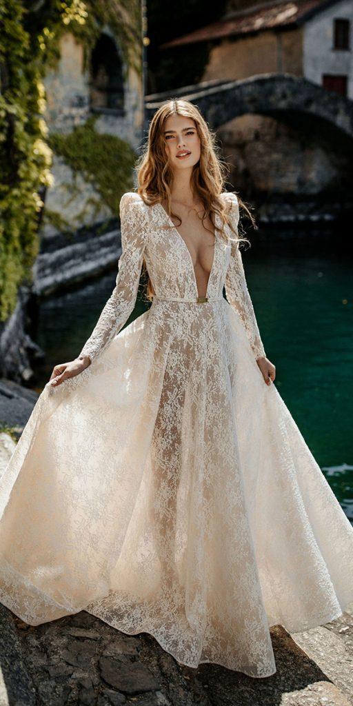 long sleeve wedding dresses a line deep v neckline lace berta