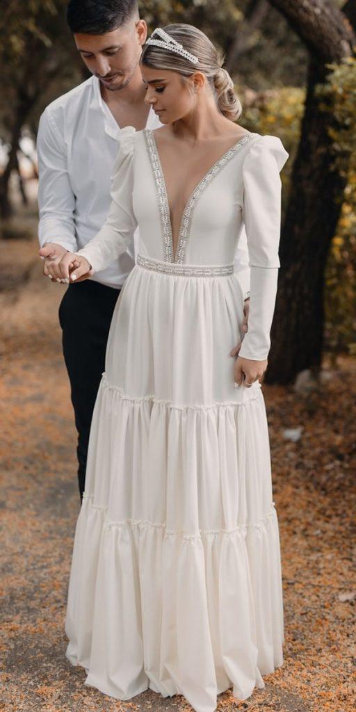 long sleeve wedding dresses a line deep v neckline with sleeves simple drorkontento