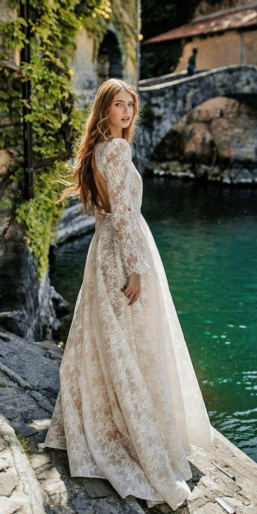 rustic lace wedding dresses a line open back with long sleeves berta