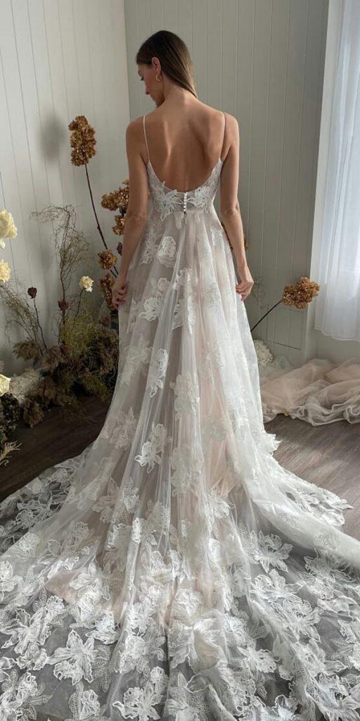rustic lace wedding dresses a line with spaghetti straps low back madilane