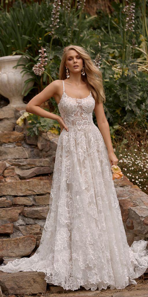 rustic lace wedding dresses a line with spaghetti straps sweetheart neckline madi lane