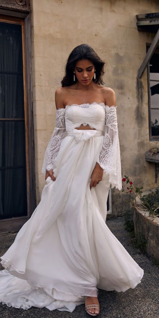 rustic lace wedding dresses off the shoulder lace top with sleeves evieyoung