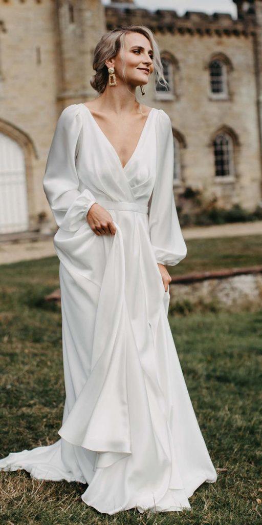 silk wedding dresses simple with long sleeves v neckline storyofmydressbridal