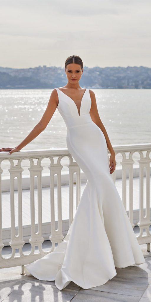 trumpet wedding dresses simple v neckline with train milla nova