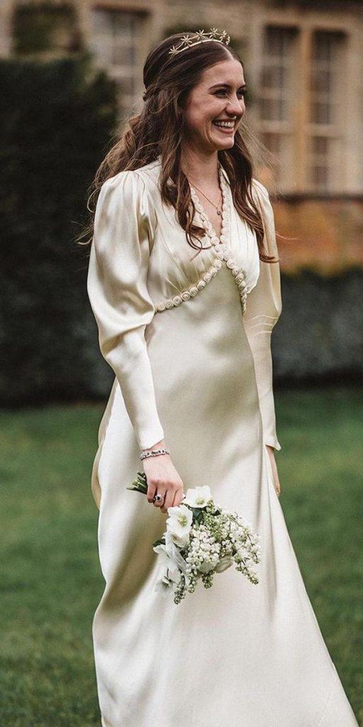 vintage wedding dresses 1920s with long sleeves simple v neckline calista one