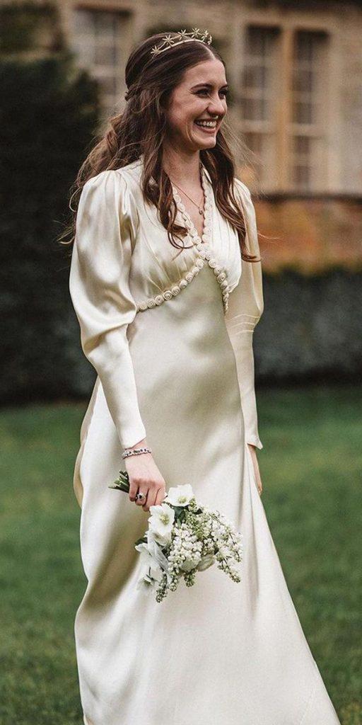 vintage wedding dresses simple with long sleeves v neckline calista one