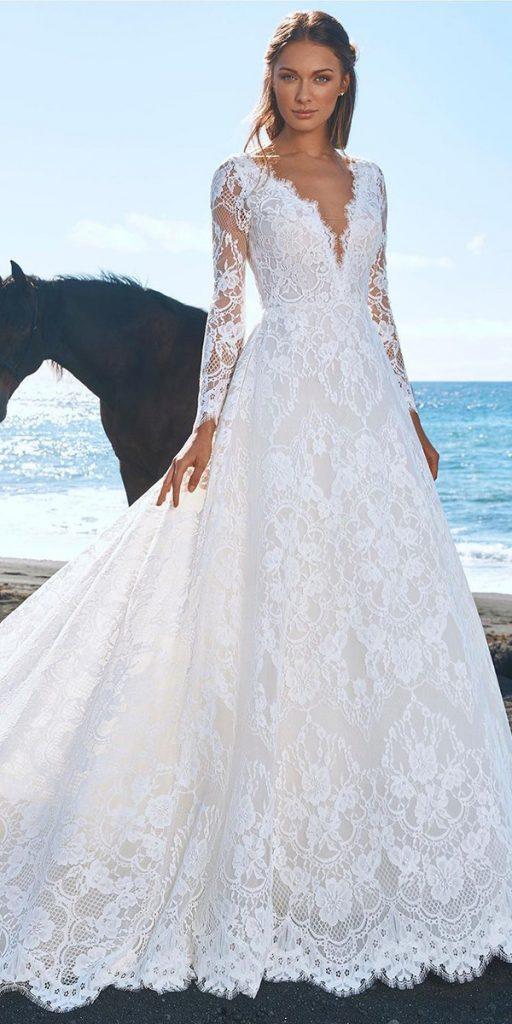 wedding dresses with lace sleeves a line deep v neckline pronovias