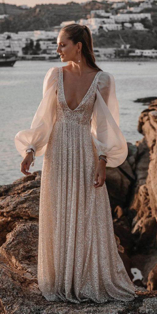 beach destination wedding dresses with puff long sleeves seep v neckline tali__photography