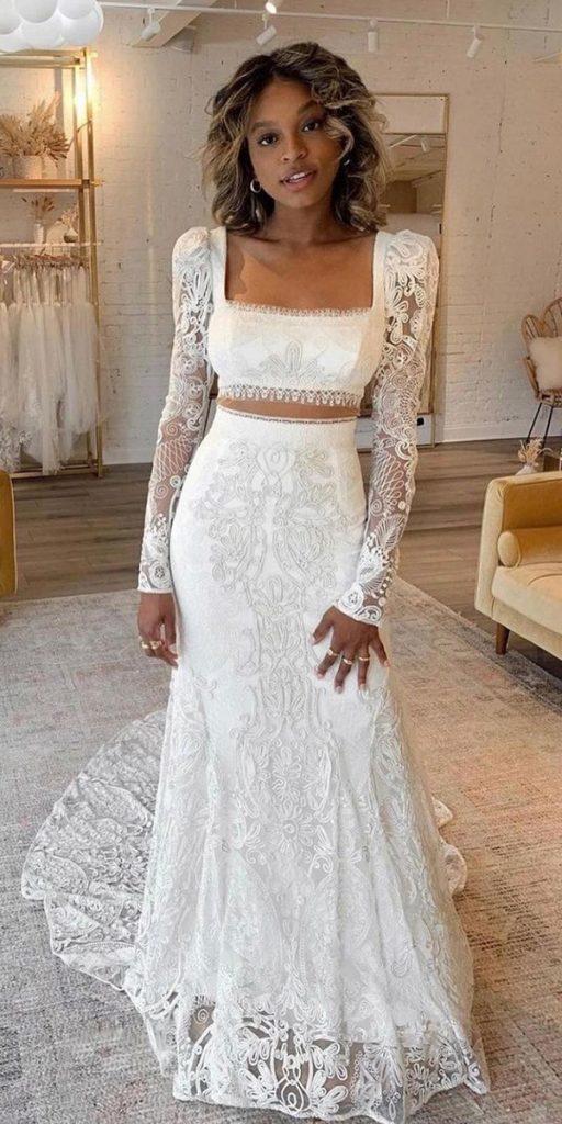 bohemian wedding dresses with long sleeves square neckline lace ruedeseine