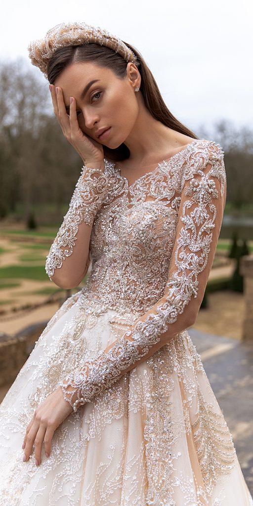 illusion long sleeve wedding dresses ball gown lace details pollardi