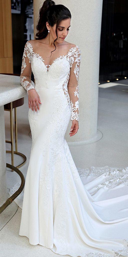 illusion long sleeve wedding dresses fit and flare lace train eddyk