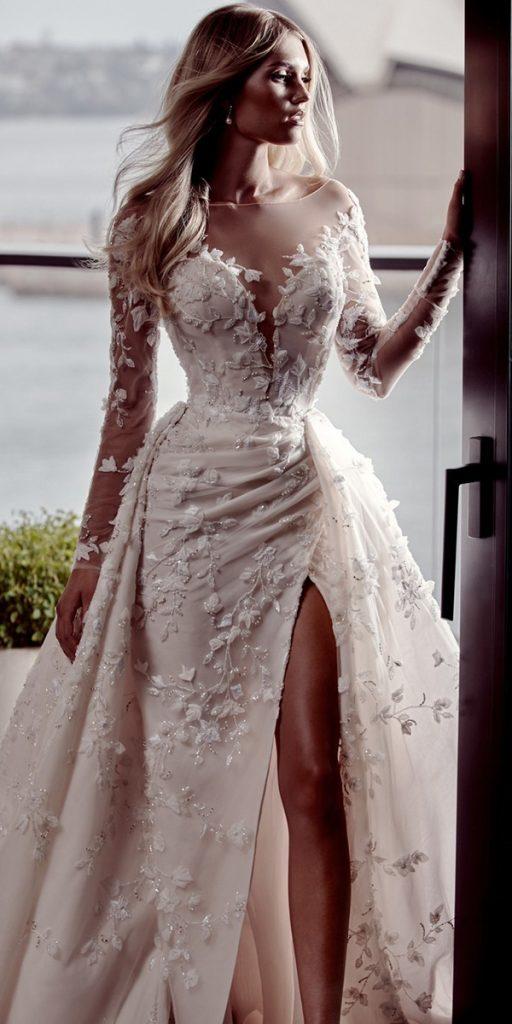 illusion long sleeve wedding dresses with overskirt sweetheart neckline floral appliques leahdagloria