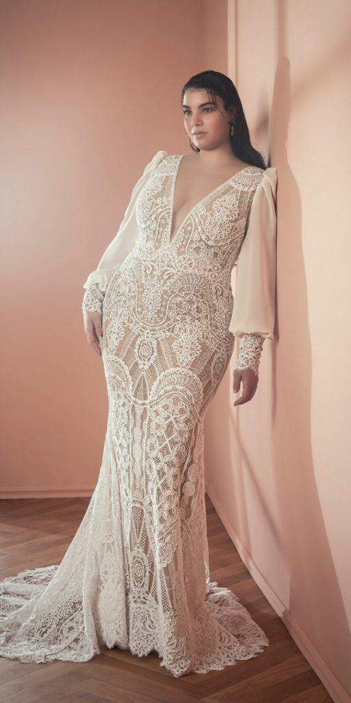 lace plus size wedding dresses with long sleeeves bohemian deepv neckline drorkontento