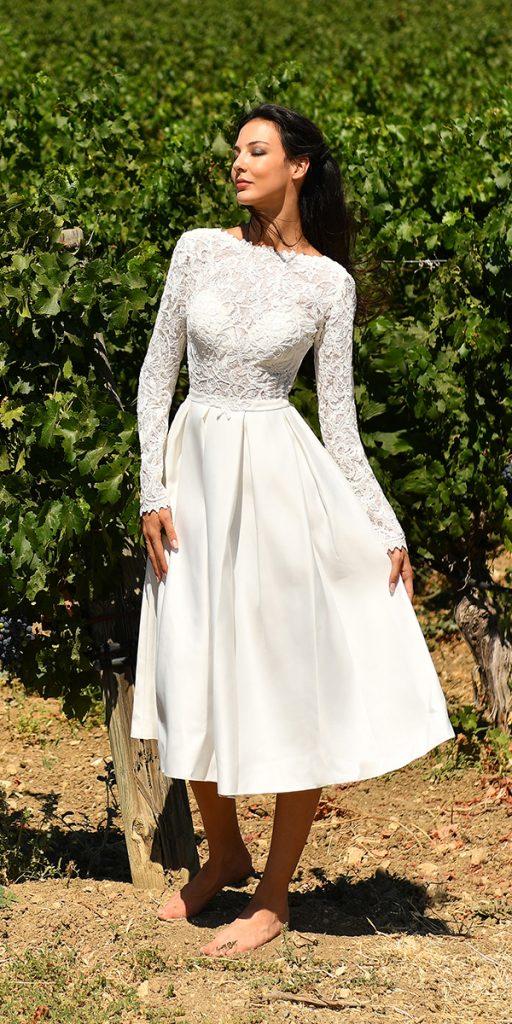 tea length wedding dresses lace top with long sleeves country dai gelinlik