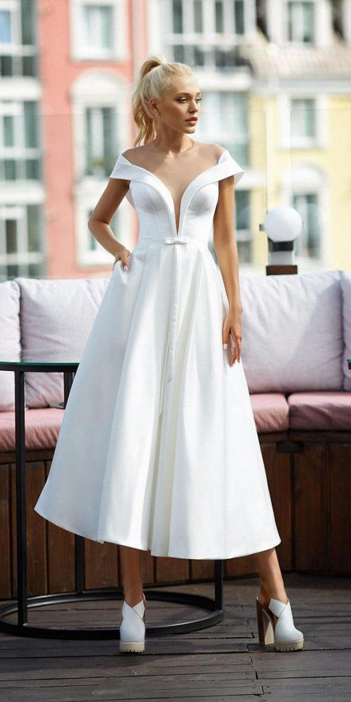 tea length wedding dresses off the shoulder simple with bow lorange