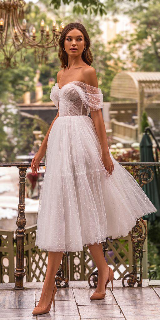  tea length wedding dresses off the shoulder strapless neckline aria bride