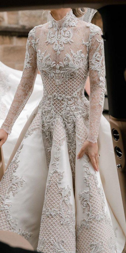 vintage lace wedding dresses high low with sleeves high neck jatoncouture
