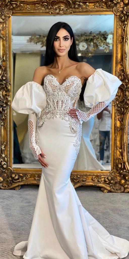 vintage lace wedding dresses mermaid sweetheart neckline with puff sleeves ryanpatros