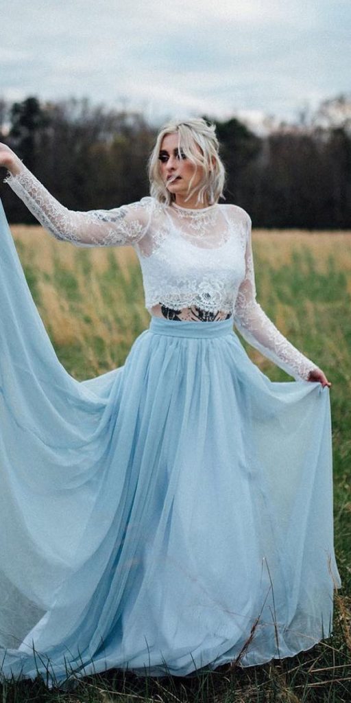 blue wedding dresses lace top with sleeves detached skirt sweetcarolinestyles5