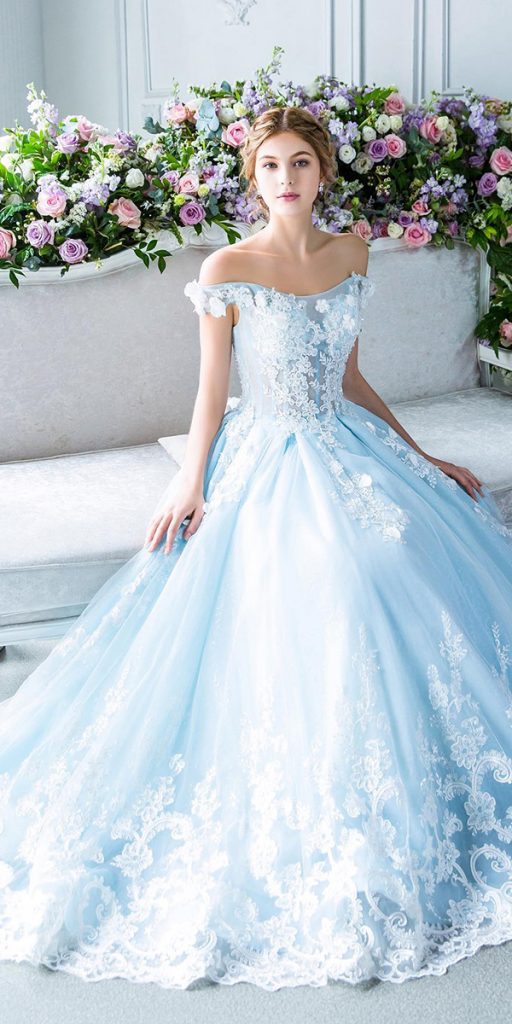 blue wedding dresses lace with white sky a line digiobridal