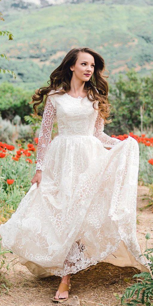 bridal gowns with sleeves a line modest lace elizabethcooper