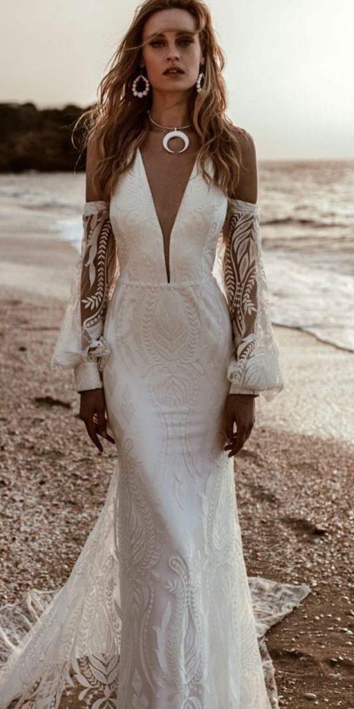 bridal gowns with sleeves bohemian beach rish bridal