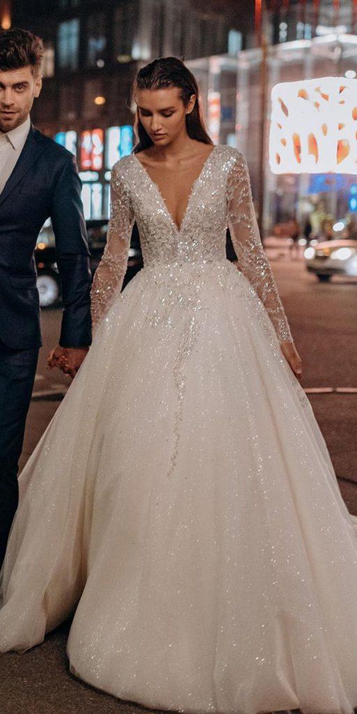 bridal gowns with sleeves princess v neckline wona