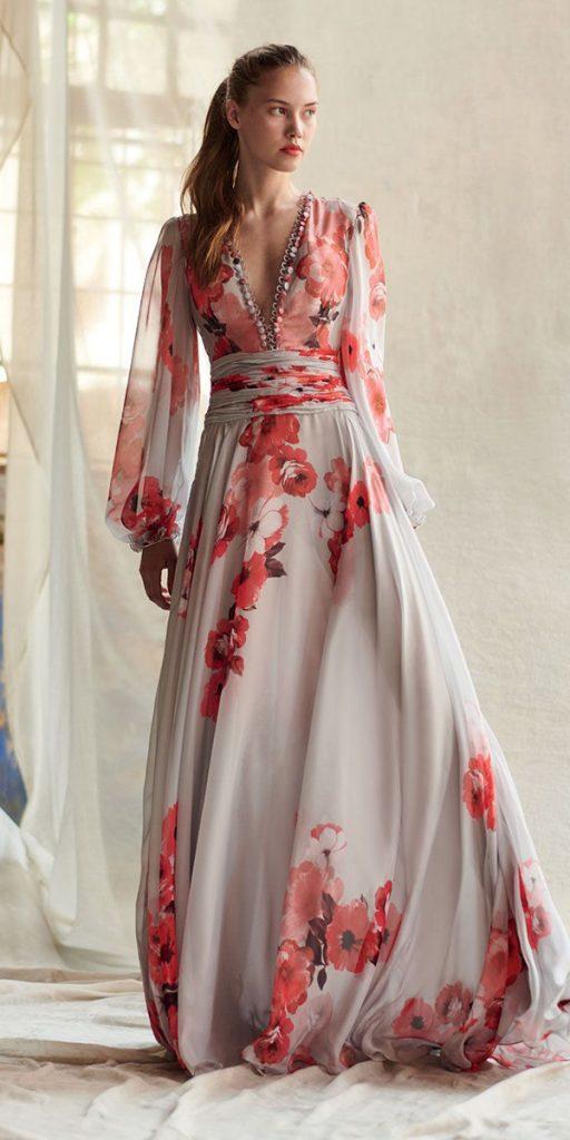 Long floral wedding hot sale guest dresses