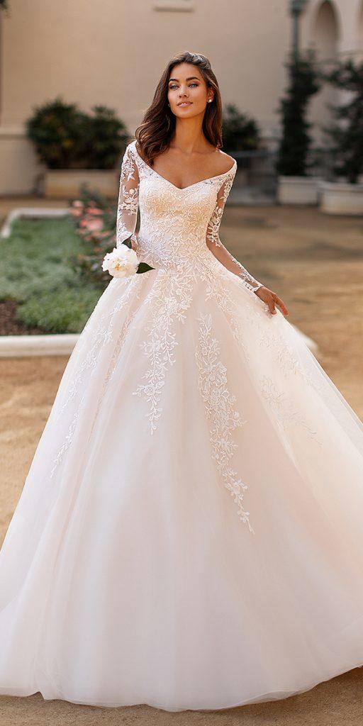 lace wedding dresses with sleeves a line v neckline moonlight