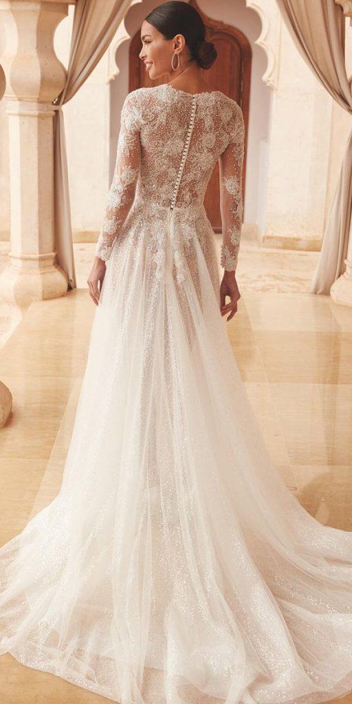 lace wedding dresses with sleeves a line with illusion long sleeves demetriosbride