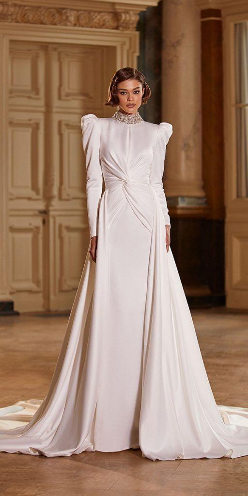 modest wedding dresses with sleeves simple with high neck train elegant milla nova