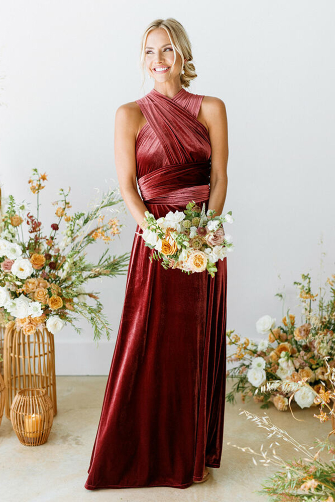 red bridesmaid dresses long velvet mismatched revelry