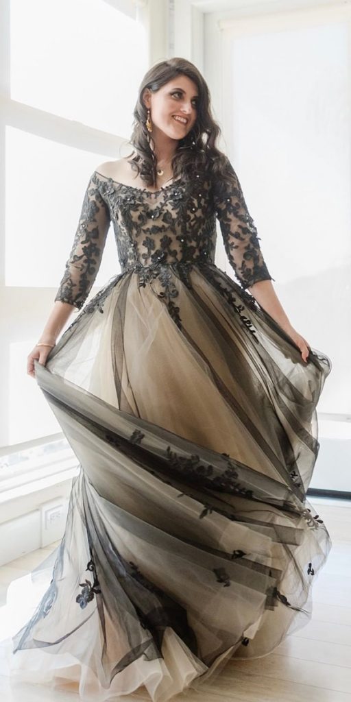 black and white wedding dresses with long sleeves a line lace cocomelody