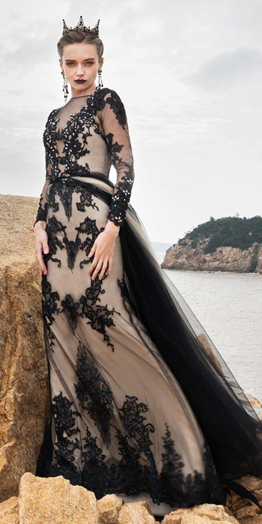 gothic wedding dresses sheath with long sleeves lace black white cocomelody