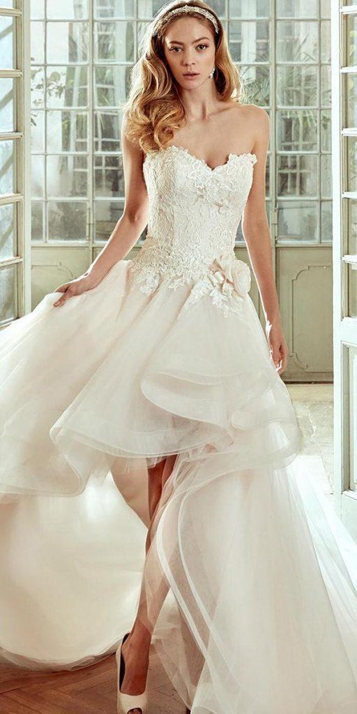 high low wedding dresses lace top sweetheart strapless neckline nicole sposa