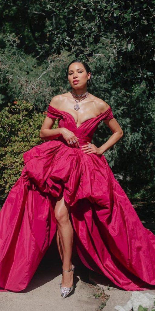 high low wedding dresses red simple off the shoulder zuhairmurad