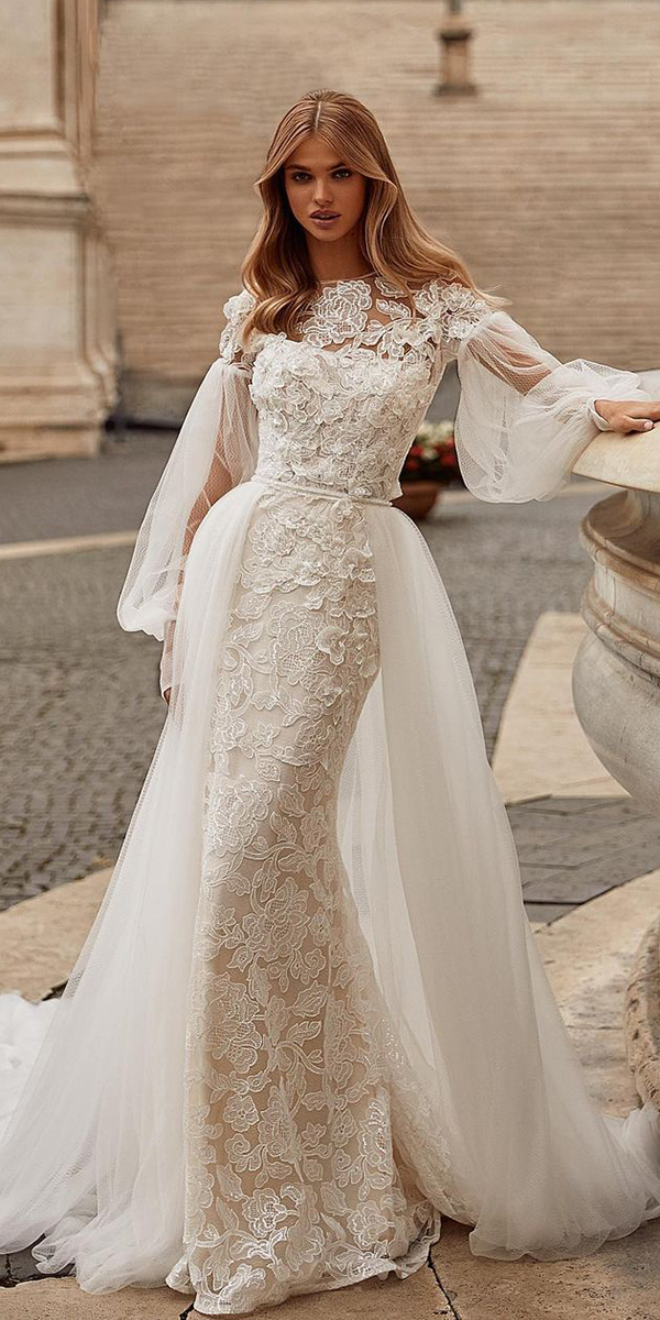 ivory wedding dresses lace with overskirt sleeves millanova