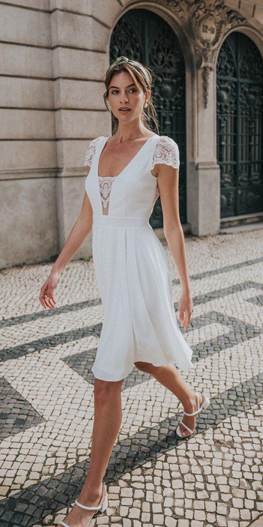 knee length wedding dresses simple with lace cap sleeves rembo styling