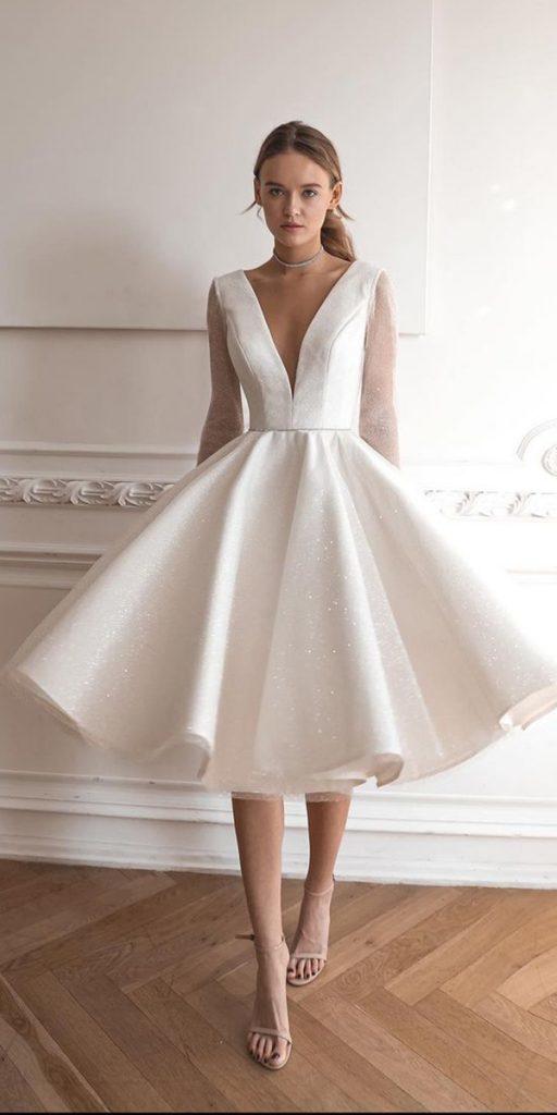  knee length wedding dresses with long sleeeves deep v neckline oliviabottega