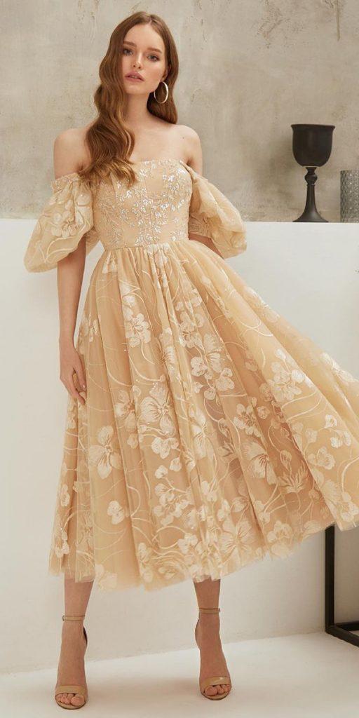 knee length wedding dresses with puff sleeves floral ariamobridal