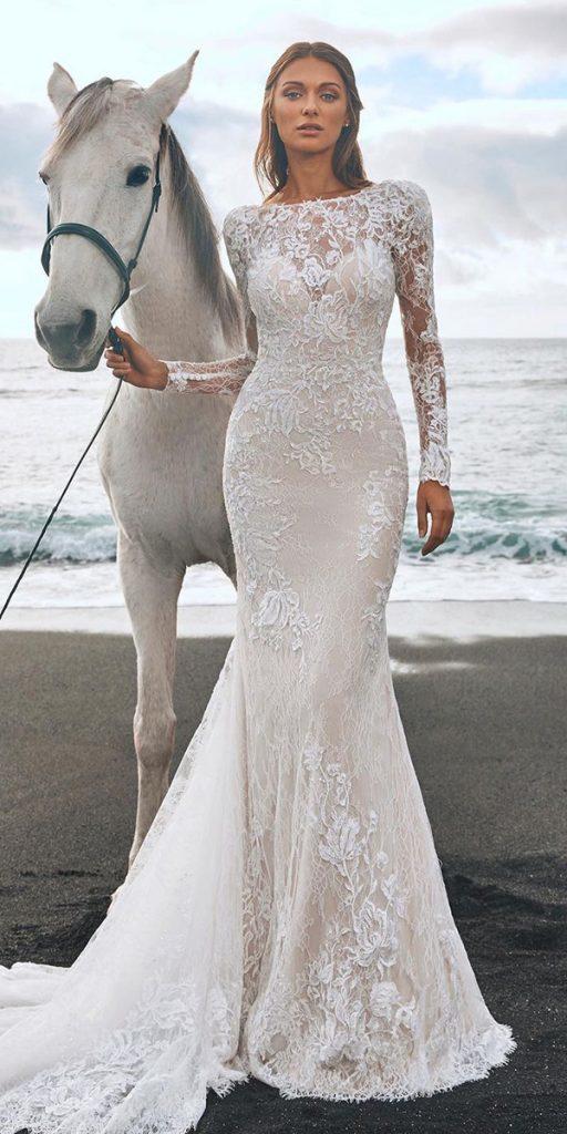 lace beach wedding dresses with long sleeves sweetheart trumpet pronovias