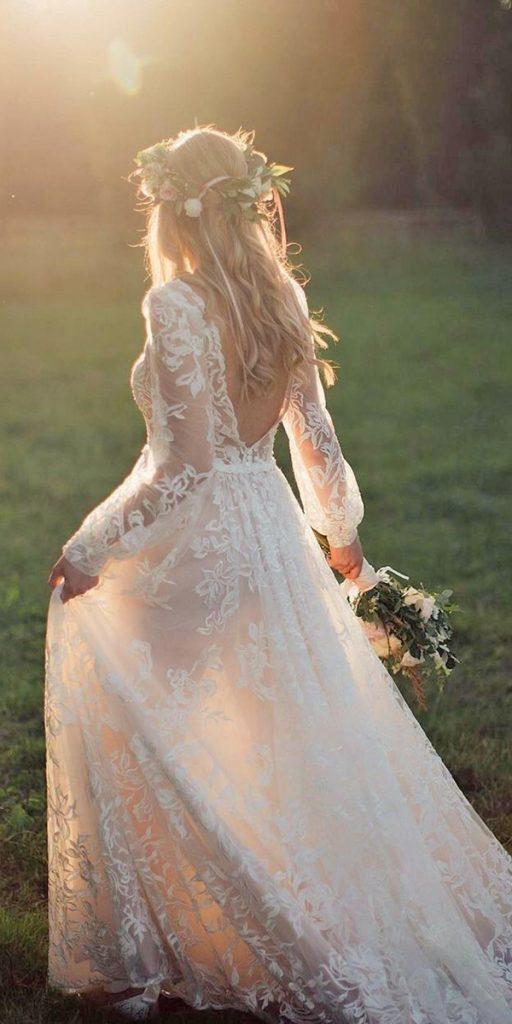  rustic wedding dresses a line low back with long sleeves lace rikidalal