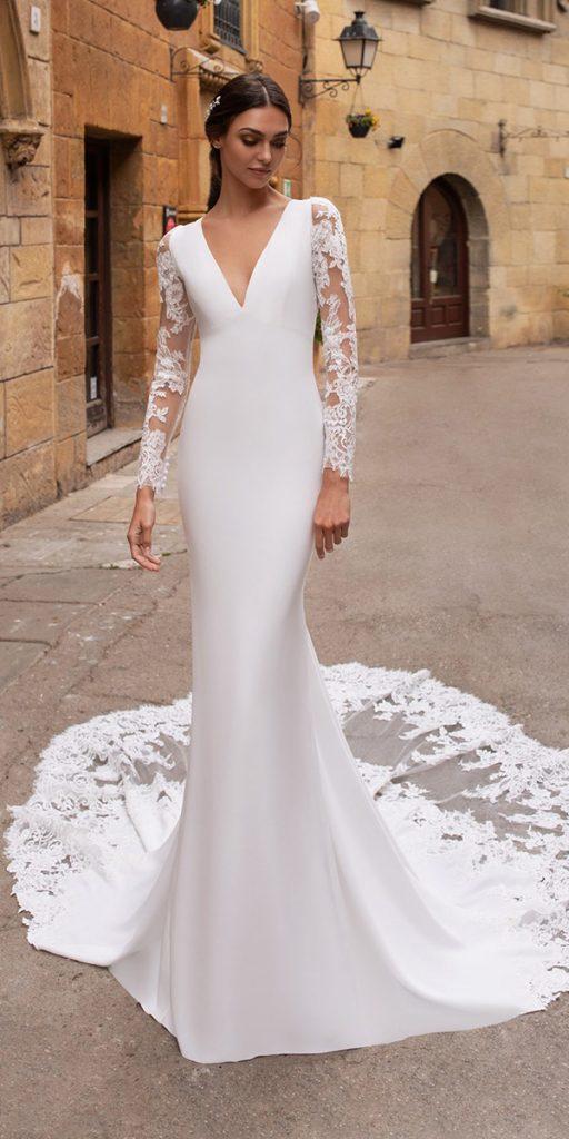 silk wedding dresses with long lace sleeves train pronovias