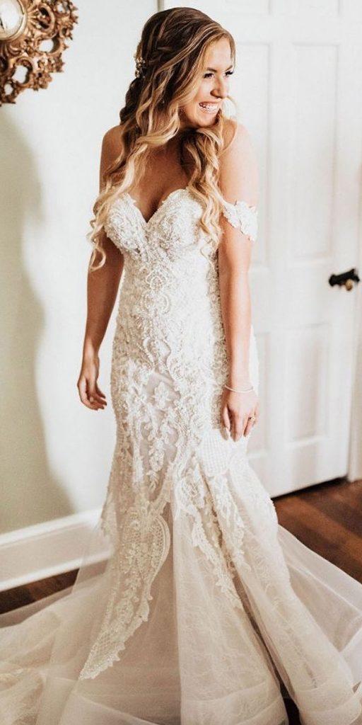 trumpet wedding dresses lace off the shoulder lace allurebridals