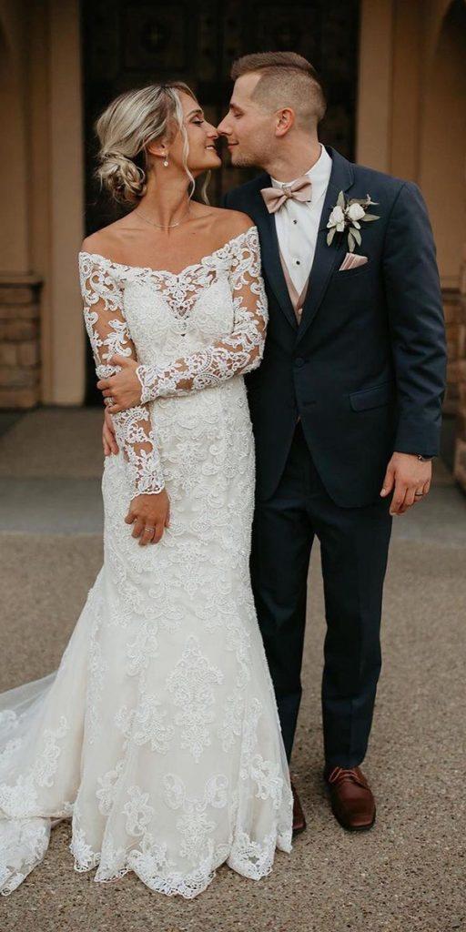 trumpet wedding dresses off the shoulder lace with long sleeves morilee