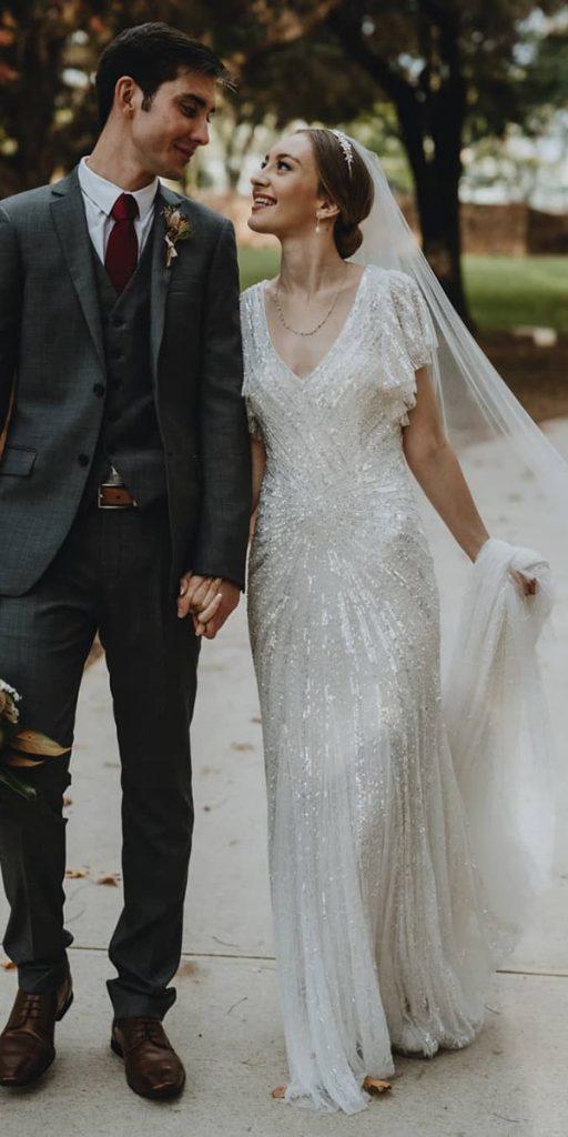 vintage wedding dresses sheath sequins v neckline elizajanehowell